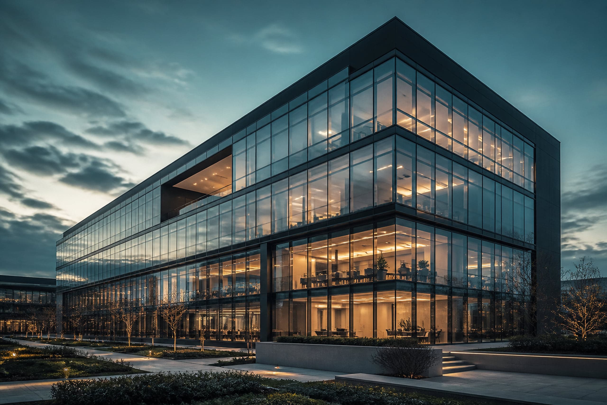 Modernes Bürogebäude in der Dämmerung, Sitz der Energieberatung